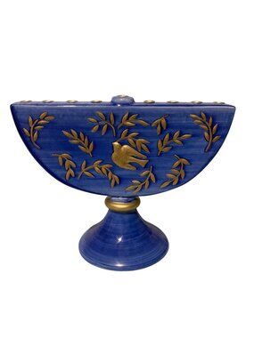 Blue And Gold Ceramic Menorah With Dove And Olive Branch Motif